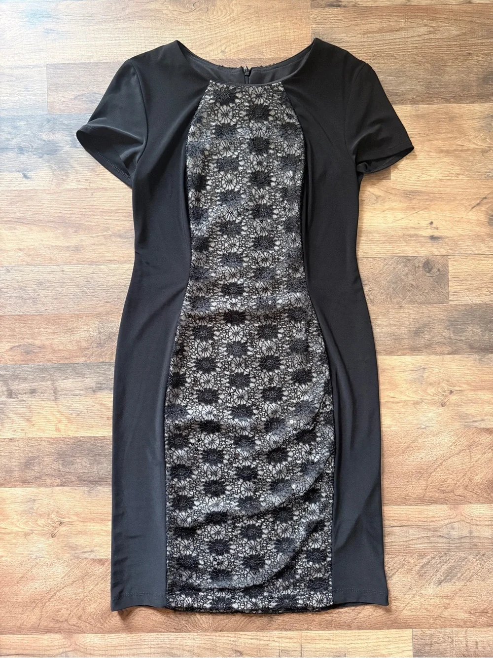 dressbarn Black Mini Dress with Textured Gray Floral Panel
